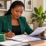 Business professional reviewing paperwork at an office desk