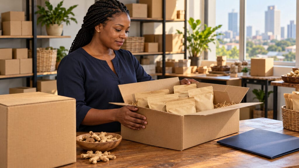 NEPC Exporter Registration in Nigeria: Requirements and First-Shipment Checklist A businesswoman preparing plain packaged goods in a cardboard box for shipment