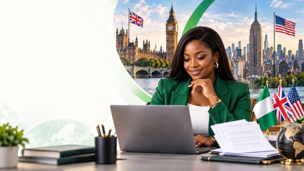 US and UK Company Registration for Nigerians: A Simple Guide for Business Owners Nigerian businesswoman with UK and US landmarks and flags, representing international company registration.
