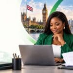 Nigerian businesswoman with UK and US landmarks and flags, representing international company registration.